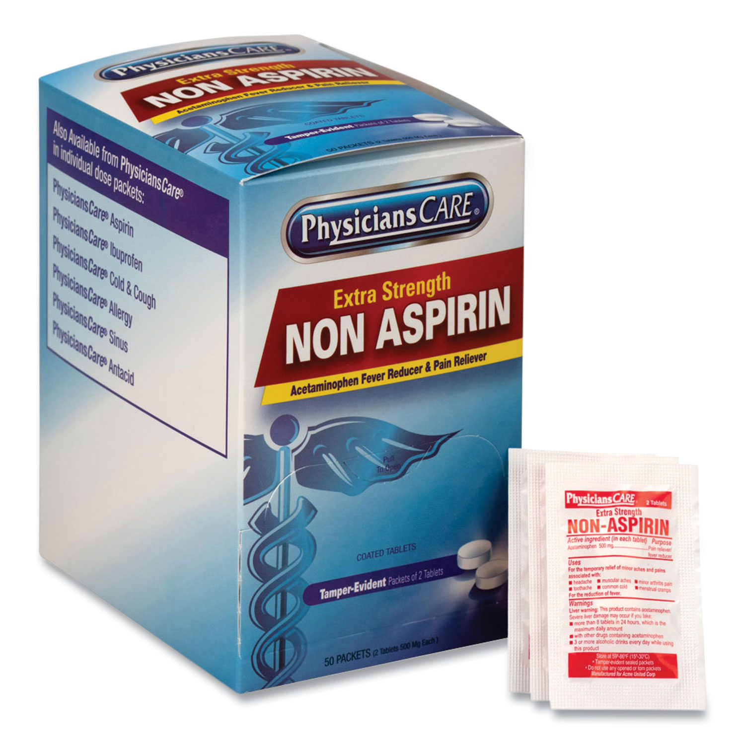 Non Aspirin Acetaminophen Medication, TwoPack, 50 Packs/Box Reparto