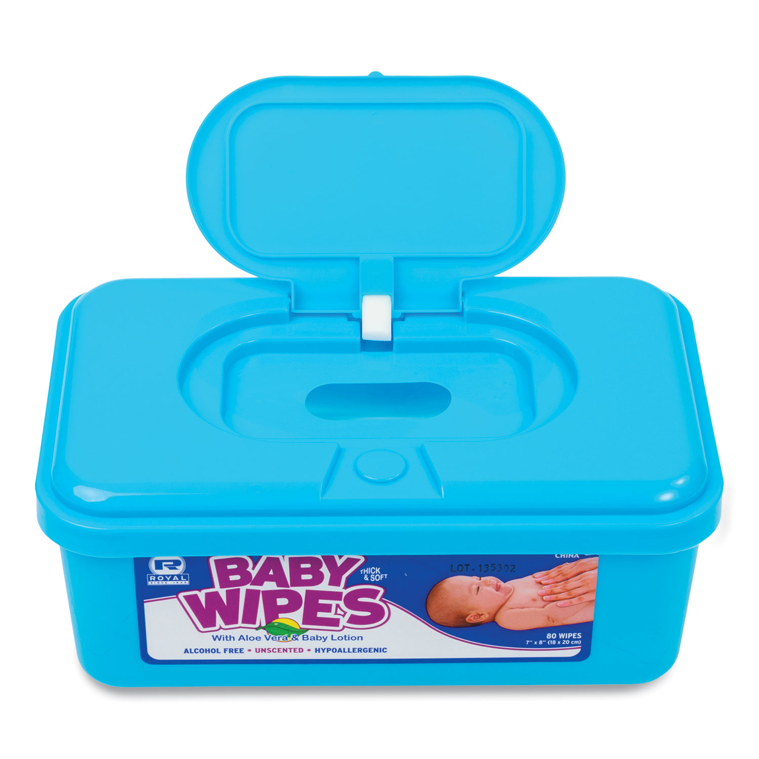 AmerCareRoyal® Baby Wipes Tub, Unscented, White, 80/Tub, 12 Tubs/Carton