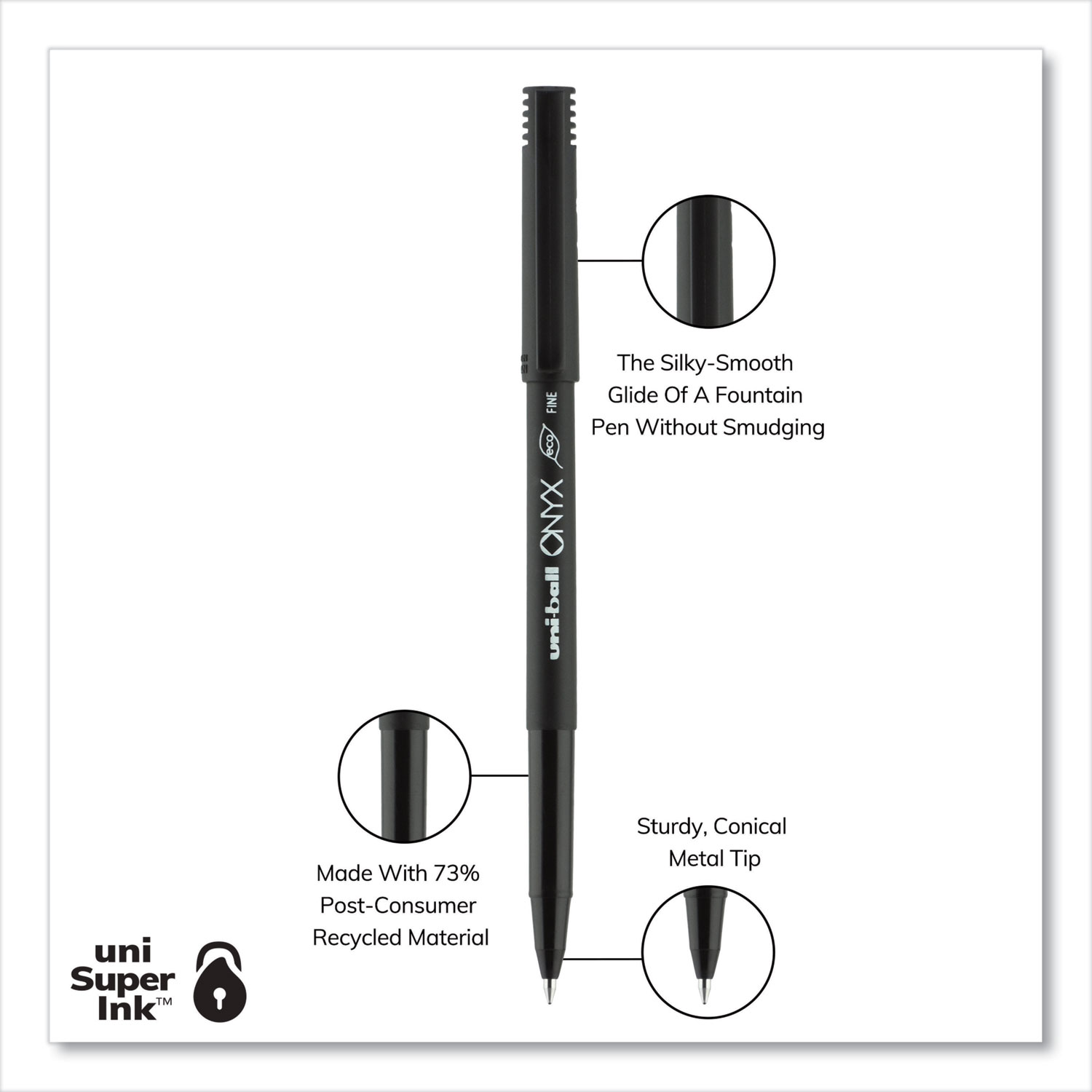 uniball® ONYX Roller Ball Pen, Stick, Fine 0.7 mm, Black Ink, Black