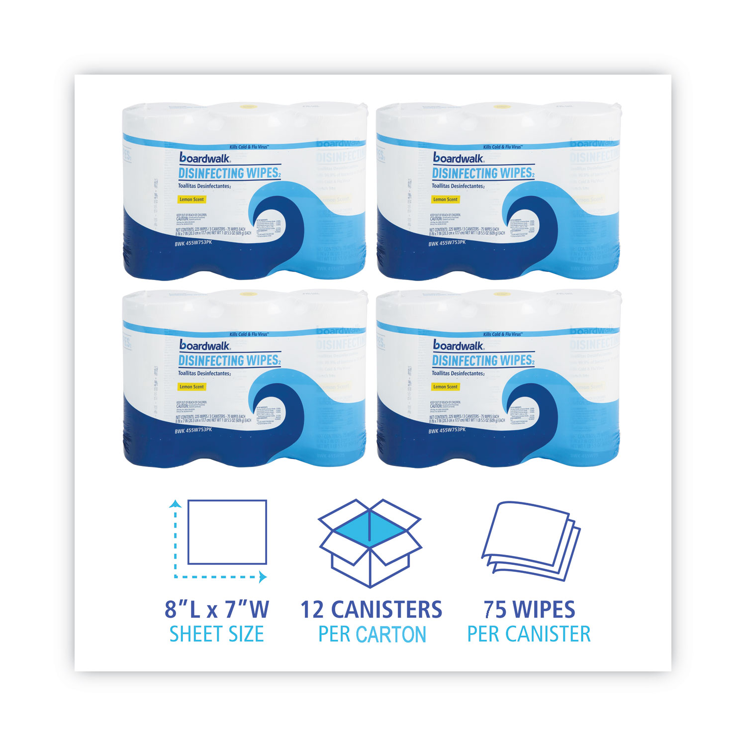 Disinfecting Wipes, 7 x 8, Lemon Scent, 75/Canister, 12 Canisters