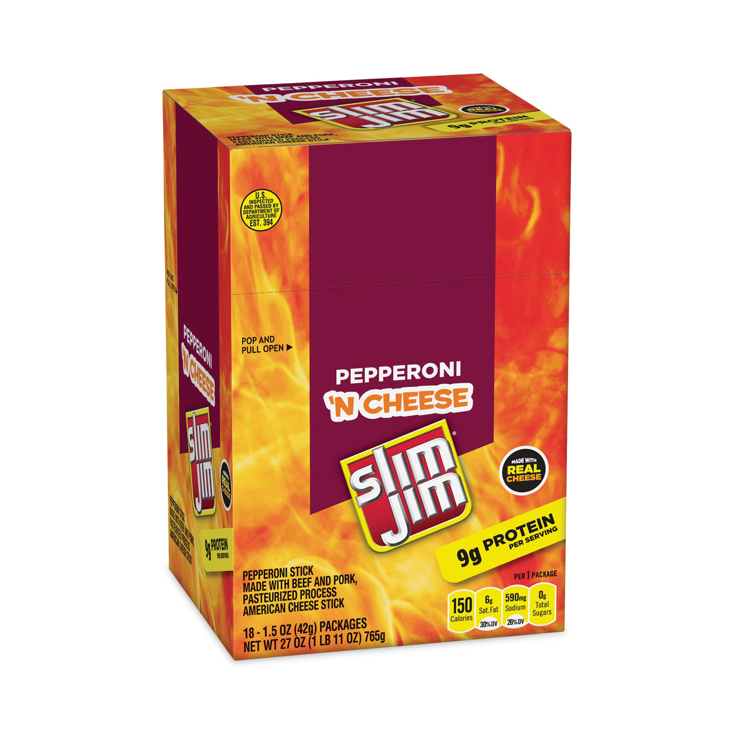 Slim Jim® Pepperoni and Cheese Meat Sticks, 1.5 oz, 18/Carton, Ships in 13 Business Days Gem