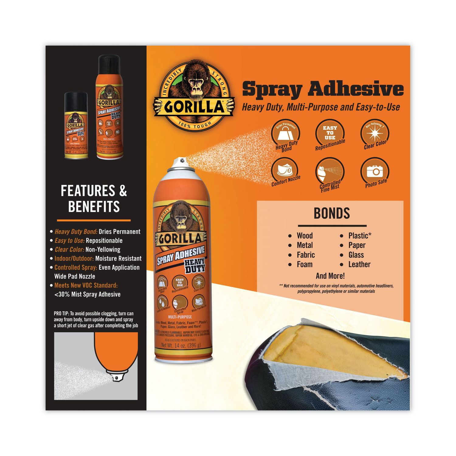 Gorilla® Spray Adhesive, 14 oz, Dries Clear CP Products, Inc.