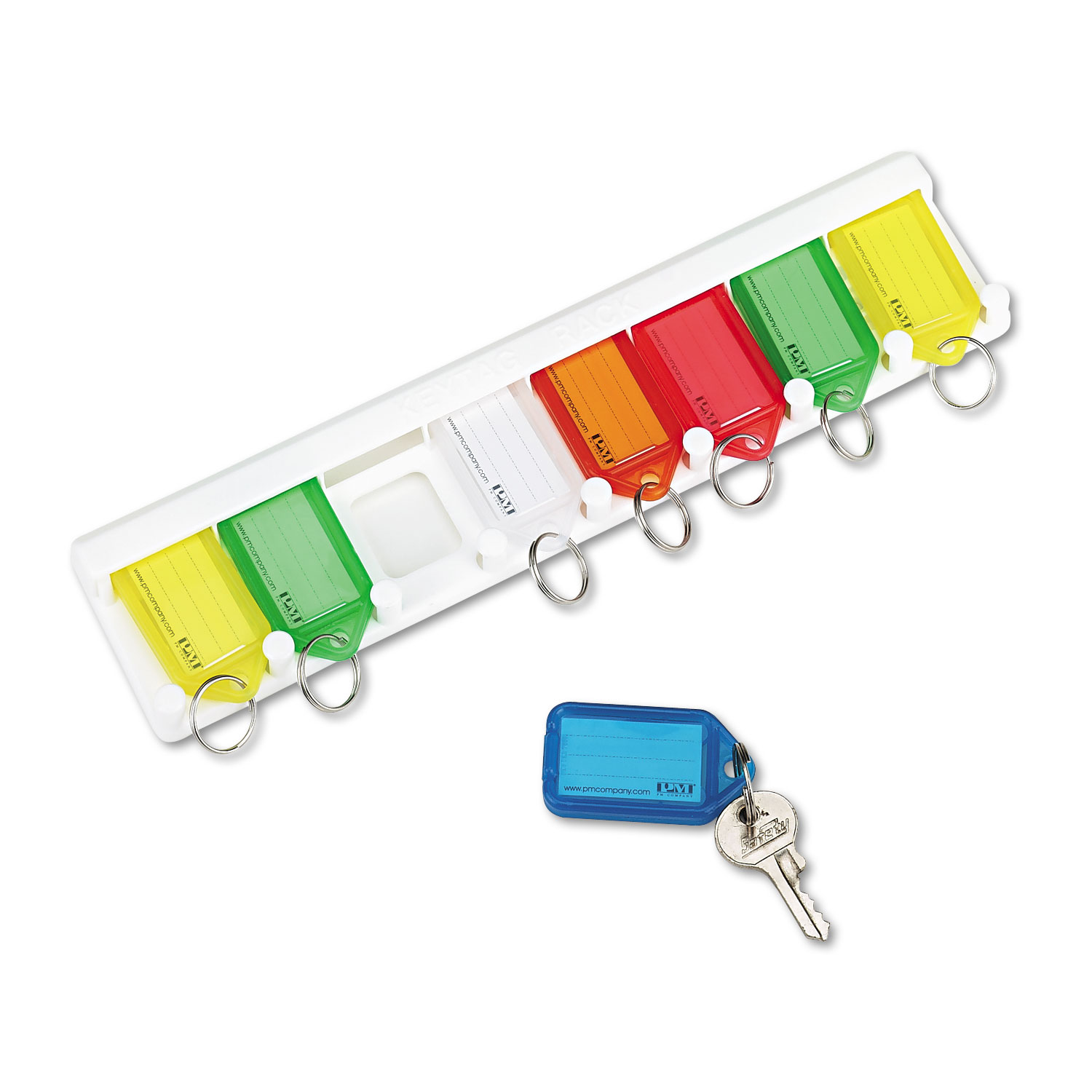 ColorCoded Key Tag Rack, 8Key, Plastic, White, 10 1/2 x 1/4 x 2 1/2