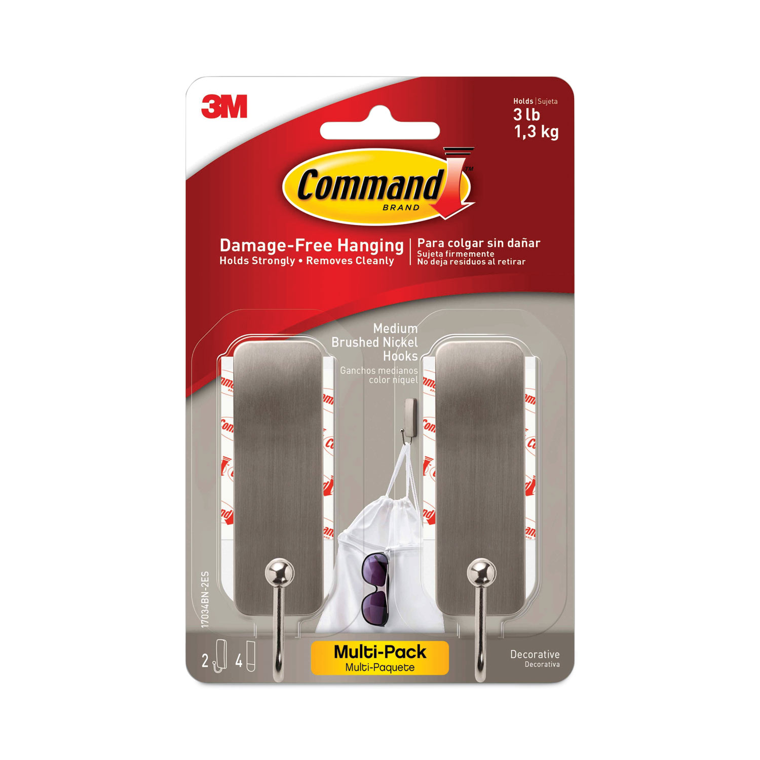 Command™ Decorative Hooks, Medium, Metal, Brushed Nickel, 3 lb Capacity