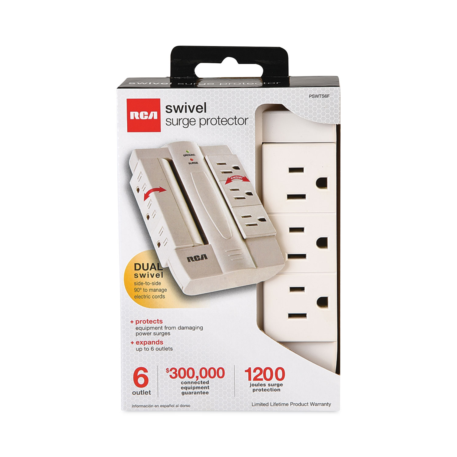 6 Outlet Swivel Surge Protector, 6 AC Outlets, 1,200 J, White Zerbee