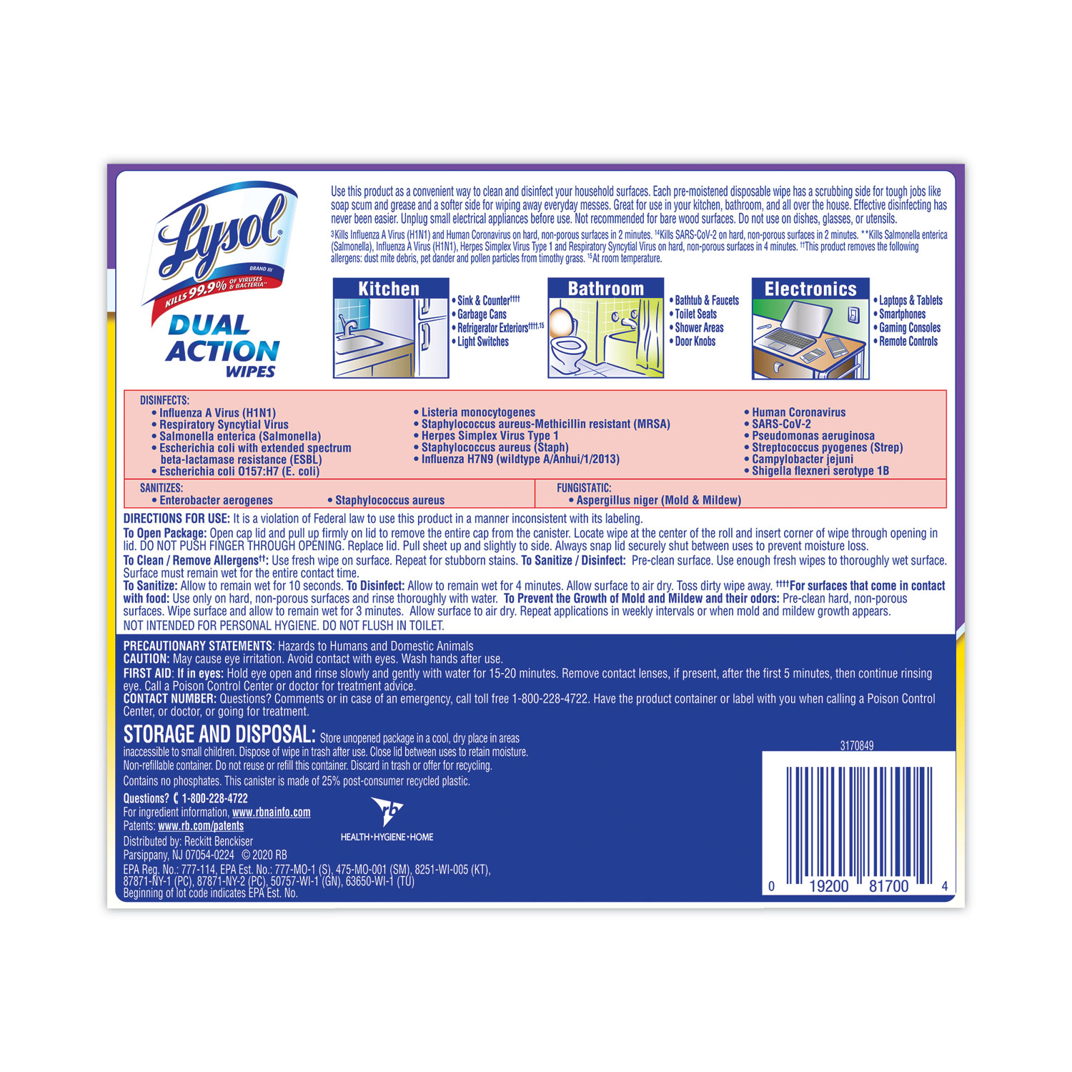 LYSOL® Brand Dual Action Disinfecting Wipes, 1Ply, 7 x 7.5, Citrus
