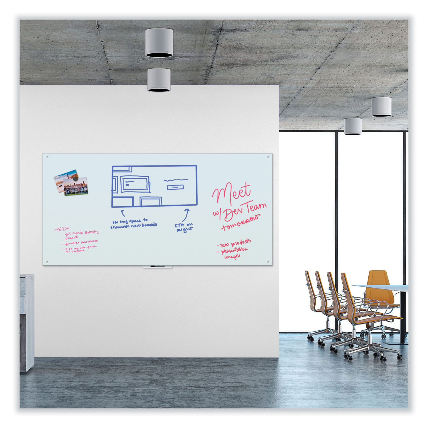 U Brands Glass Dry Erase Board, 96 x 47, White Surface Gem State