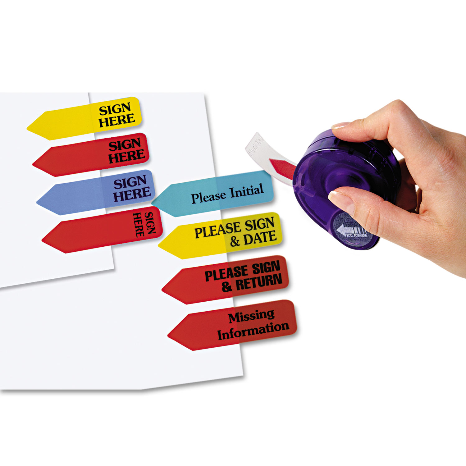 RediTag® Arrow Message Page Flags in Dispenser, "Sign Here", Yellow