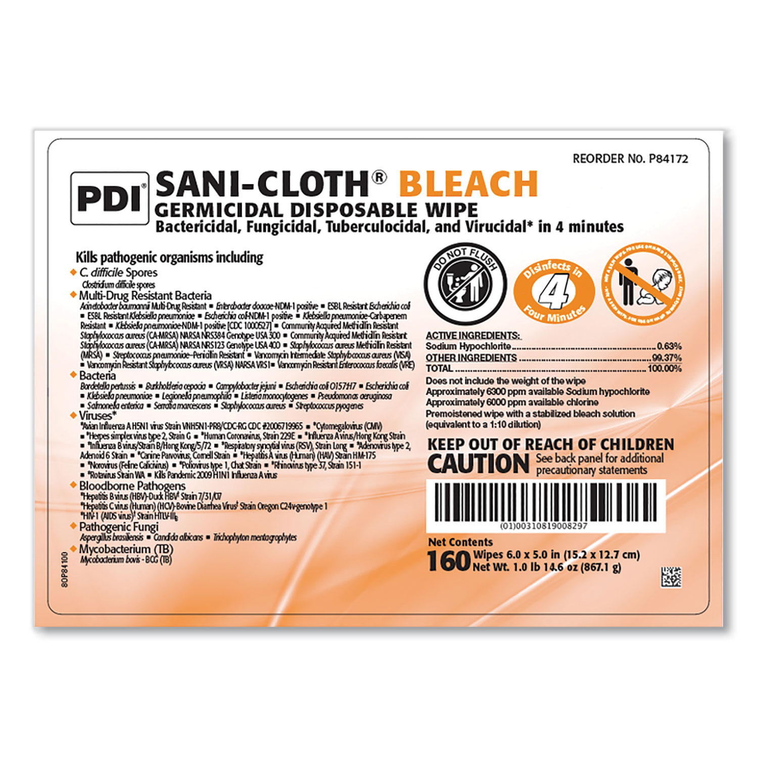 SaniCloth Bleach Germicidal Disposable Wipes, 1Ply, 7.5 x 15