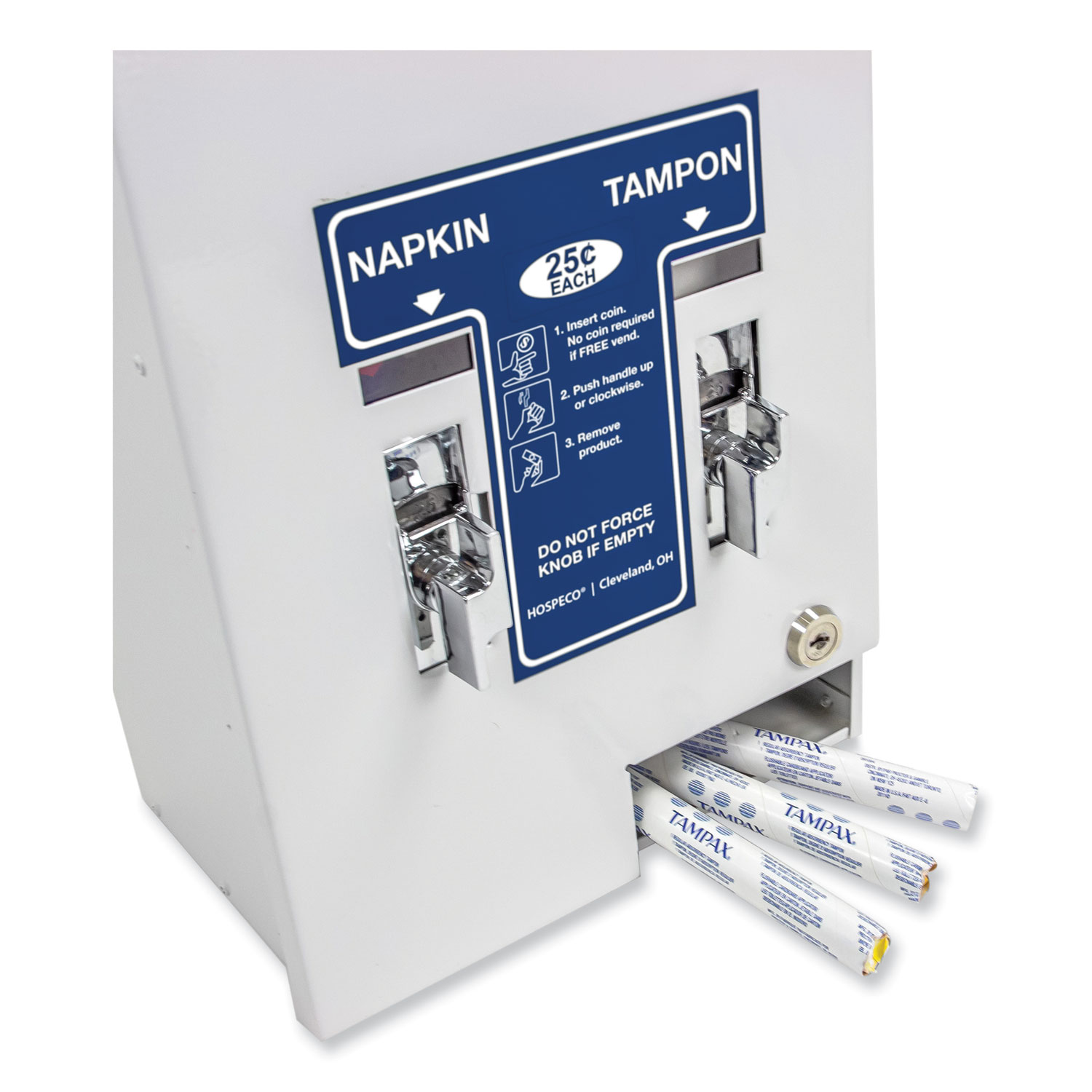 HOSPECO® Dual Sanitary Napkin/Tampon Dispenser, 25 Cent Coin Mechanism