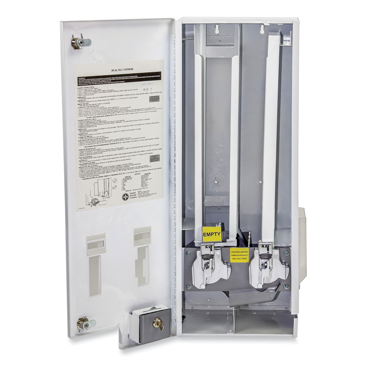 HOSPECO® Dual Sanitary Napkin/Tampon Dispenser, 25 Cent Coin Mechanism