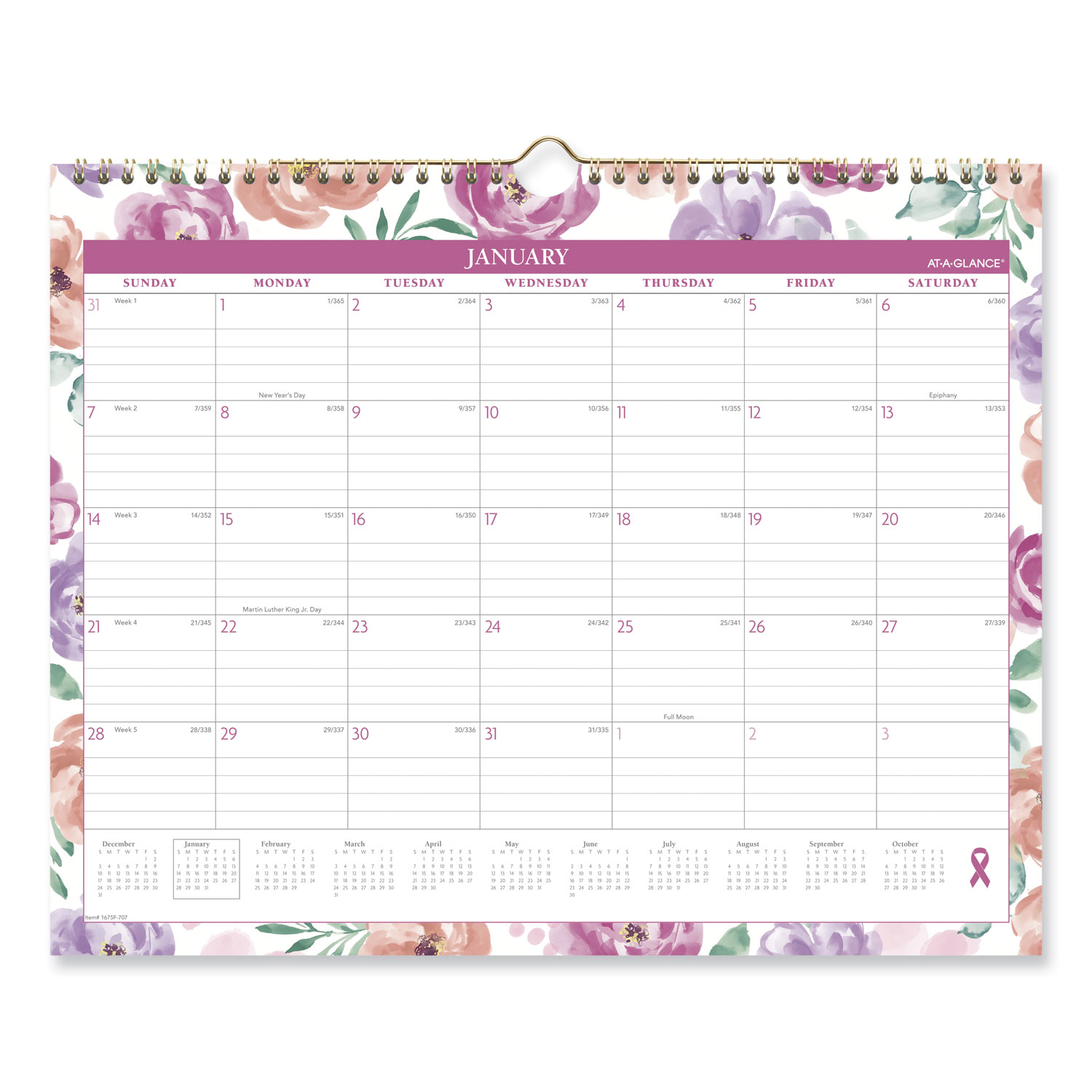 Badge Floral Wall Calendar, Floral Artwork, 15 x 12, White/Multicolor