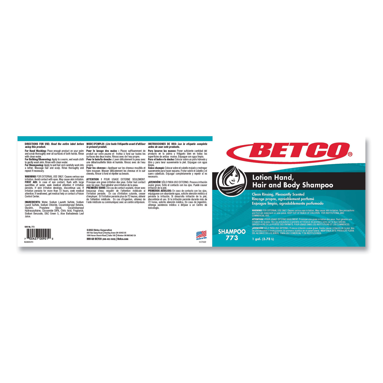 Betco® Lotion Hand, Hair and Body Shampoo, Fresh Scent, 1 gal, 4/Carton