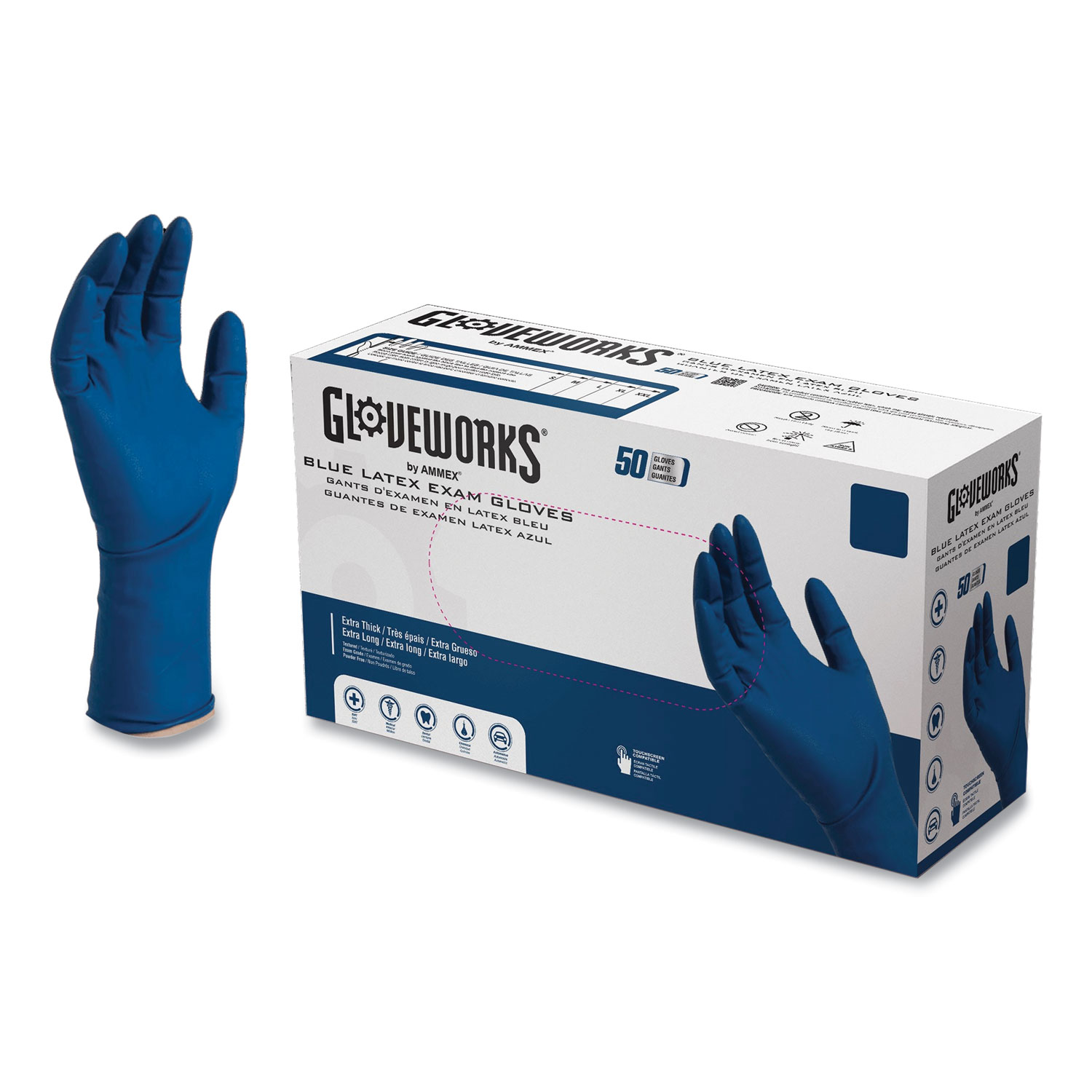 GloveWorks® by AMMEX® Blue Latex Exam Gloves, PowderFree, Large, 50