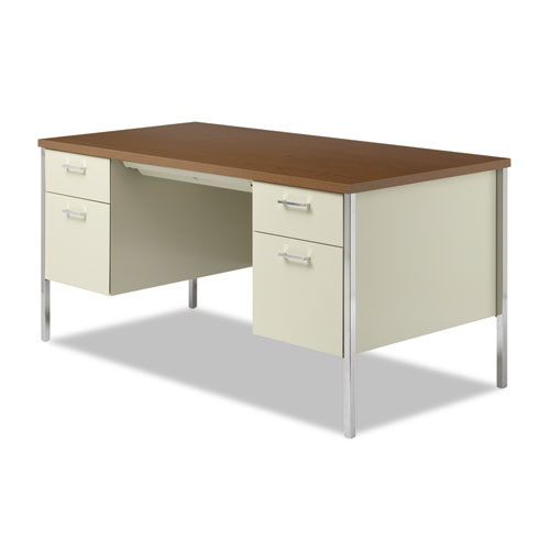 Double Pedestal Steel Desk, 60" x 30" x 29.5", Cherry/Putty, Chrome