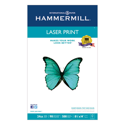 Hammermill® Laser Print Office Paper, 98 Brightness, 24lb, 81/2 x 14, White, 500 Sheets/RM