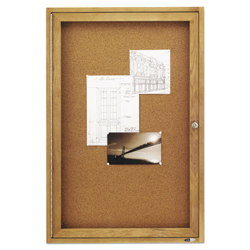 Quartet Enclosed Bulletin Board, Natural Cork/Fiberboard, 24 x 36, Oak