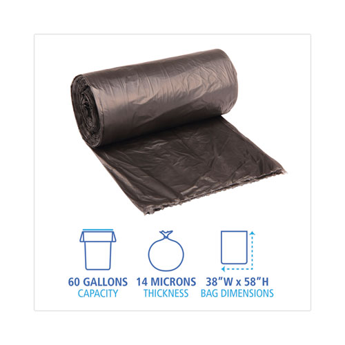 HighDensity Can Liners, 60 gal, 14 microns, 38" x 58", Black, 25 Bags/Roll, 8 Rolls/Carton