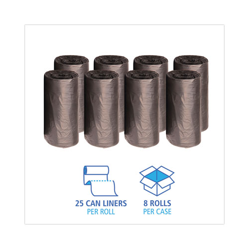 HighDensity Can Liners, 60 gal, 14 microns, 38" x 58", Black, 25 Bags/Roll, 8 Rolls/Carton