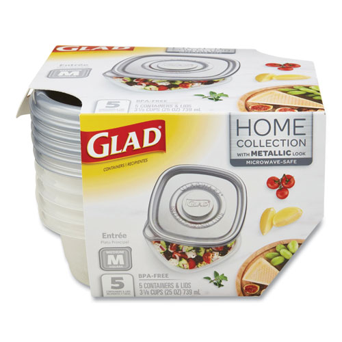 Glad® Home Collection Food Storage Containers With Lids, Medium Square, 25 Oz, Clear/Metallic