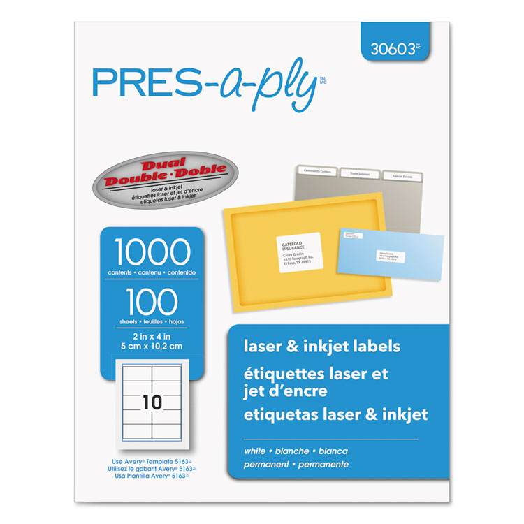 AVE30603 PRESaply® 30603 Labels, Laser Printers, 2 x 4, White, 10