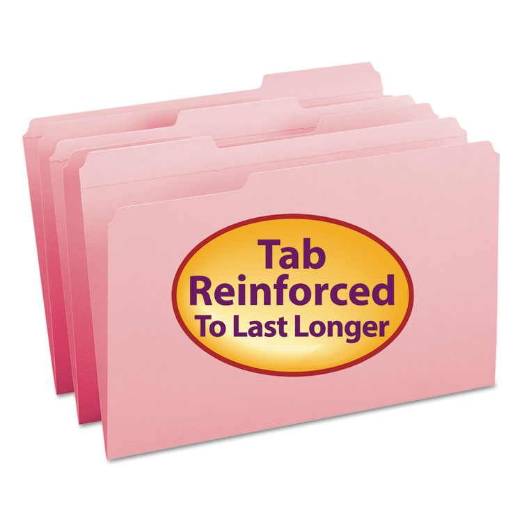 File Folders, 1/3 Cut, Reinforced Top Tab, Legal, Pink,100/Box