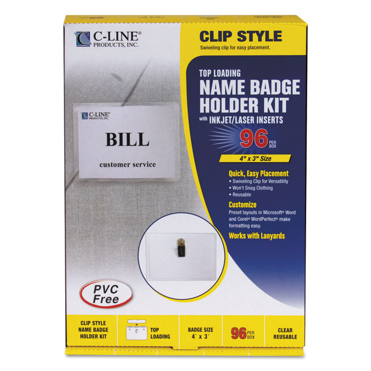 Name Badge Kits, Top Load, 4 x 3, Clear, Clip Style, 96/Box ELEVATE