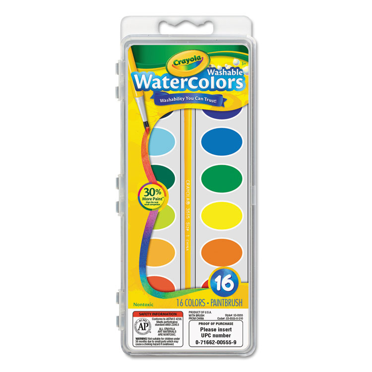 CYO530555 Crayola® 530555 Washable Watercolors, 16 Assorted Colors