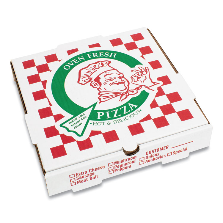 Corrugated Kraft Pizza Boxes, BFlute, White/Red/Green, 14" Pizza, 14 x