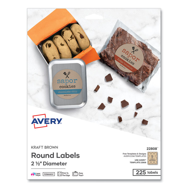 AVE22808 Avery® 22808 Round Brown Kraft PrinttotheEdge Labels, 2.5