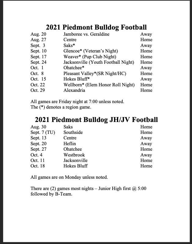2021 FOOTBALL SCHEDULE