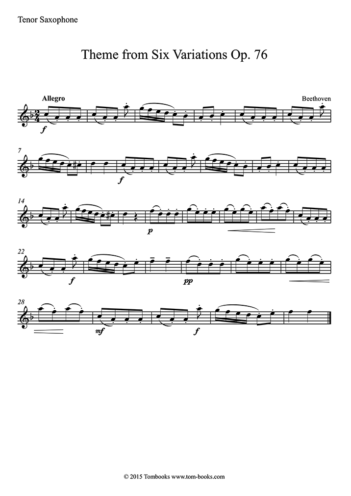 Six Variations in D major, Opus 76 (Tenor Sax) (Beethoven) Saxophone