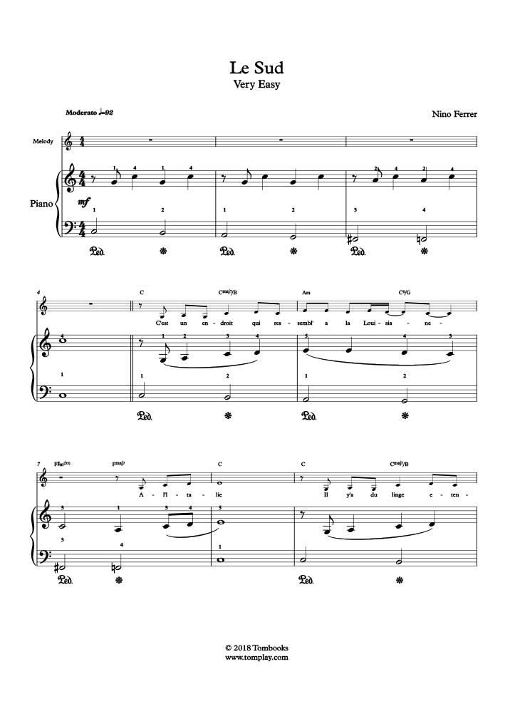Le Sud (niveau très facile, avec orchestre) (Nino Ferrer) Partition Piano