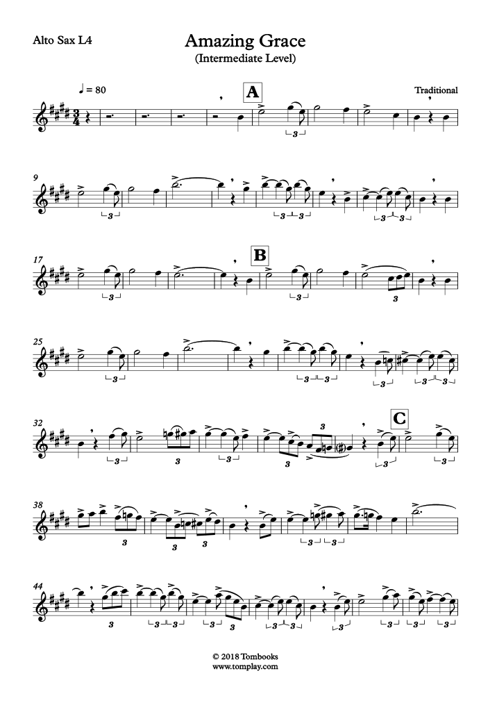 Amazing Grace (Intermediate Level, Alto Sax) (Traditional) Saxophone