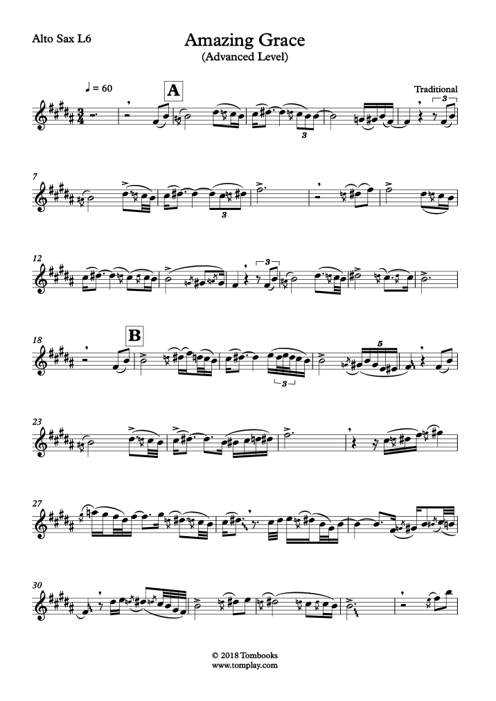 Amazing Grace (Advanced Level, Alto Sax) (Traditional) Saxophone Amazing Grace (Advanced Level, Alto Sax) (Traditional) Saxophone