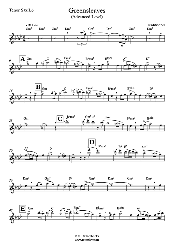 Greensleeves (Advanced Level, Tenor Sax, Kenny G) (Traditional
