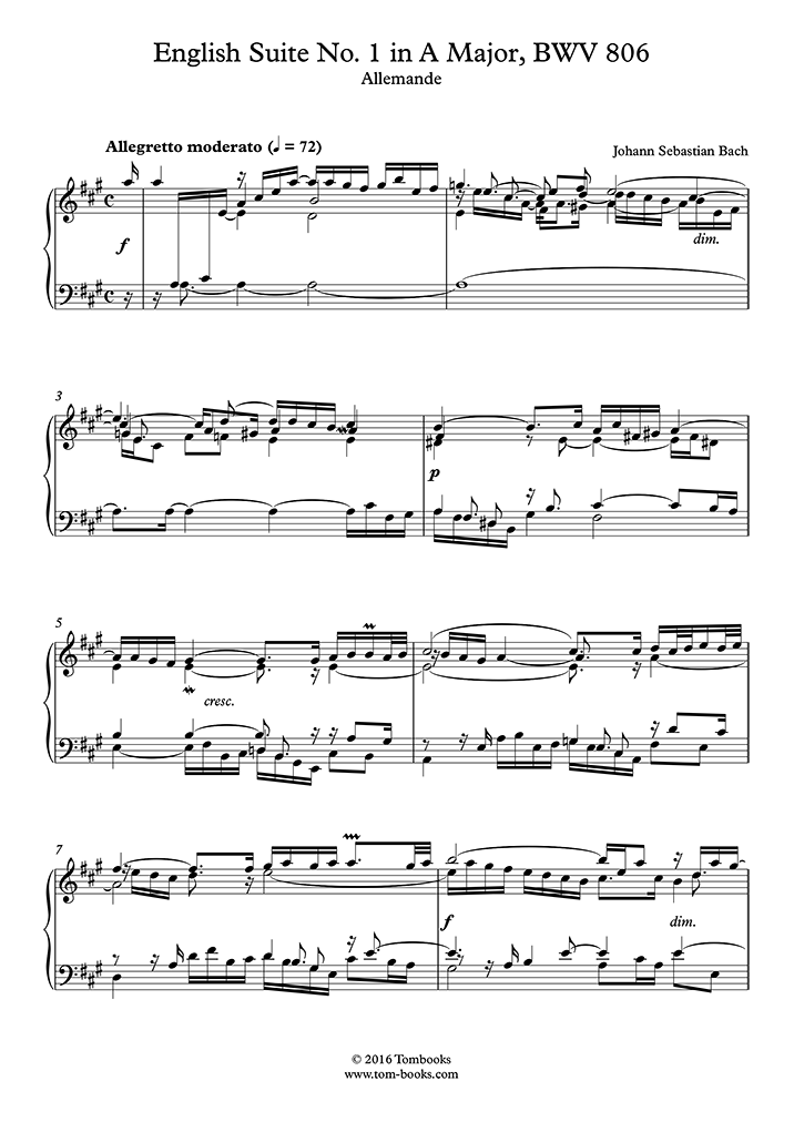 English Suite No. 1 in A Major, BWV 806 II. Allemande (Bach) Piano Sheet Music
