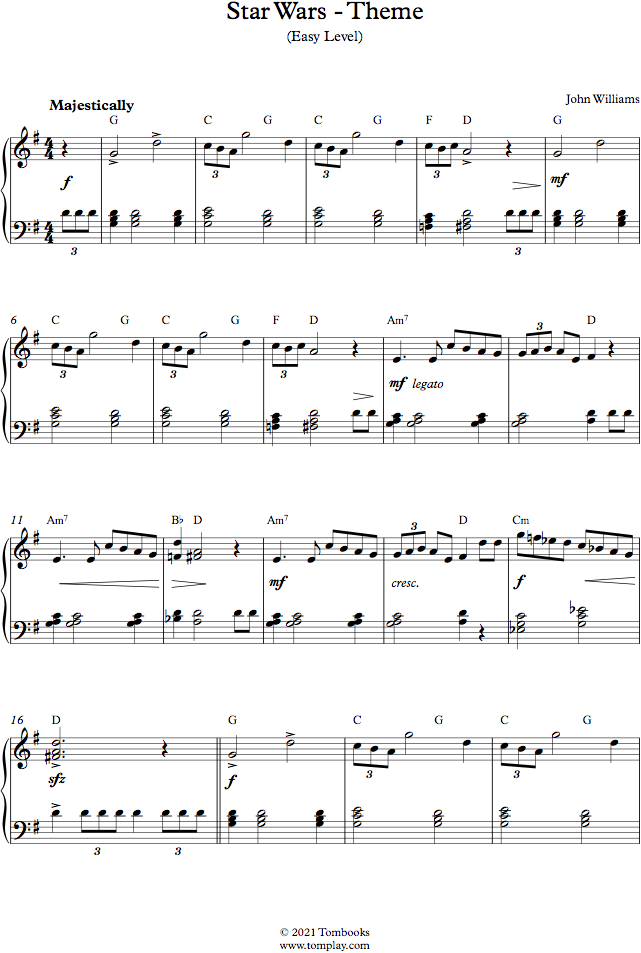 Star Wars Thème (niveau facile) (John Williams) Partition Piano