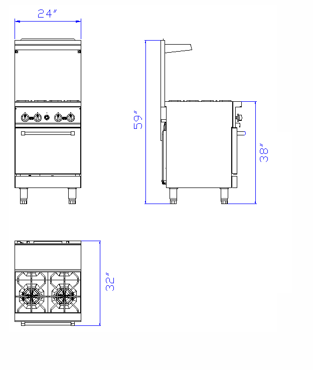 24" Commercial Gas Range 4 Top Burner with 1 Oven 153,000 BTU