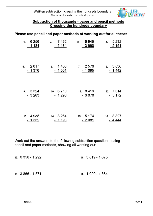 Written subtraction crossing the hundreds boundary Subtraction Maths