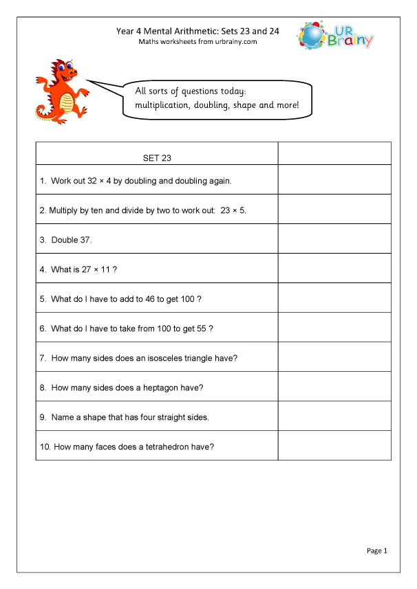 Year 4 Mental Arithmetic Sets 23 and 24 Year 4 Mental Arithmetic