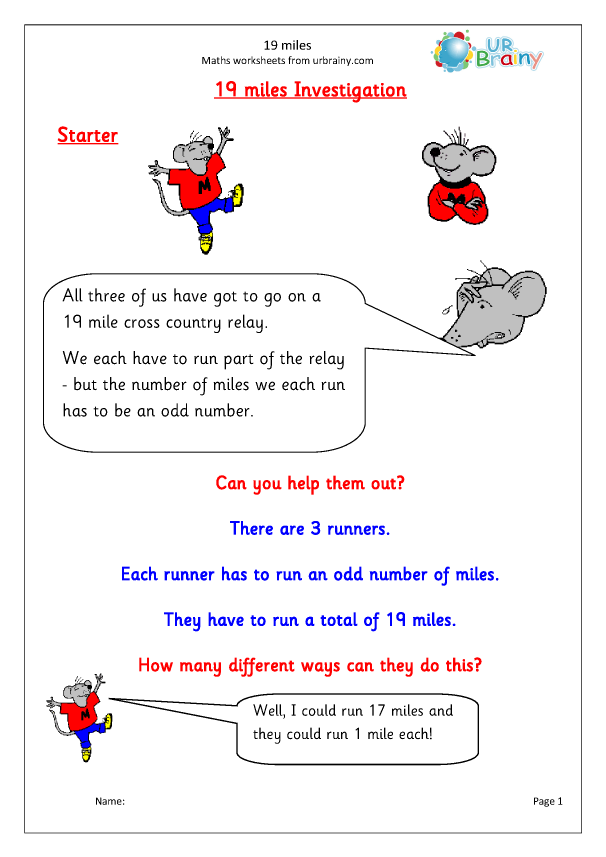 19 miles investigation Reasoning/Problem Solving Maths Worksheets for