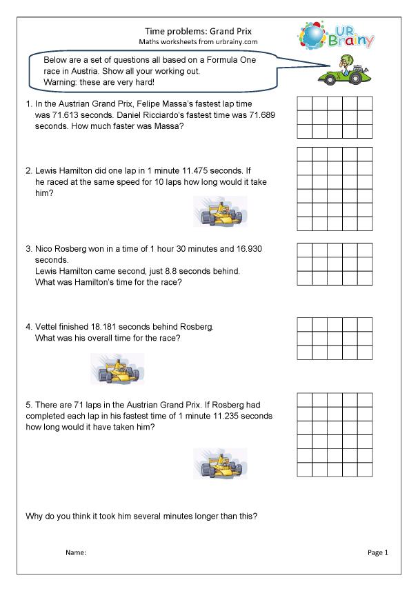Time problems Formula 1 Measuring in Year 6 (age 1011) by