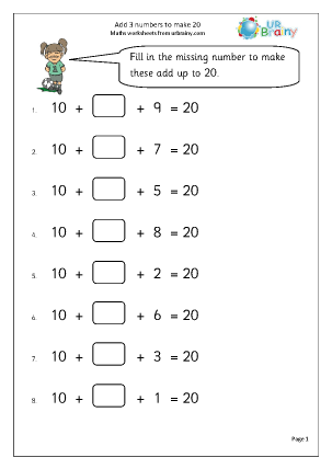 Add 3 numbers to make 20 - Addition Year 2 (aged 6-7) by URBrainy.com