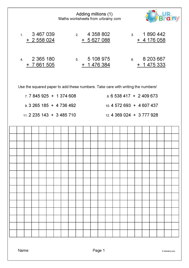 Adding millions (1) Addition for Year 6 (age 1011) by