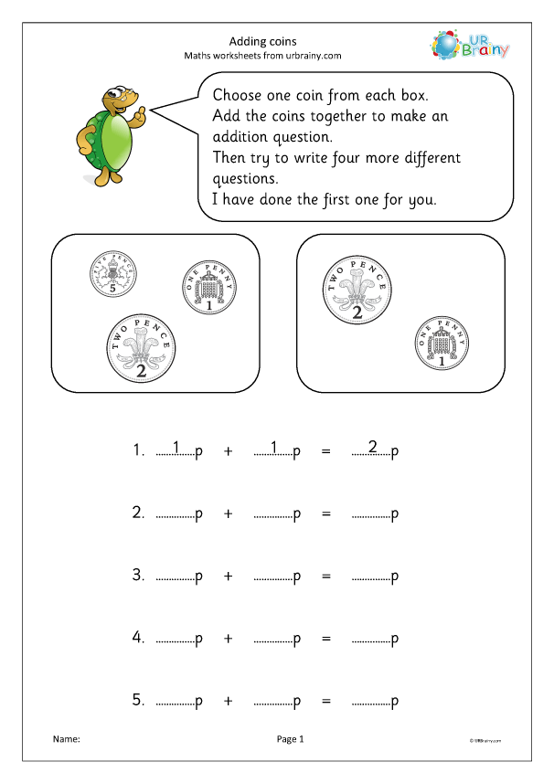 Adding coins Money Maths Worksheets for Year 1 (age 56) by