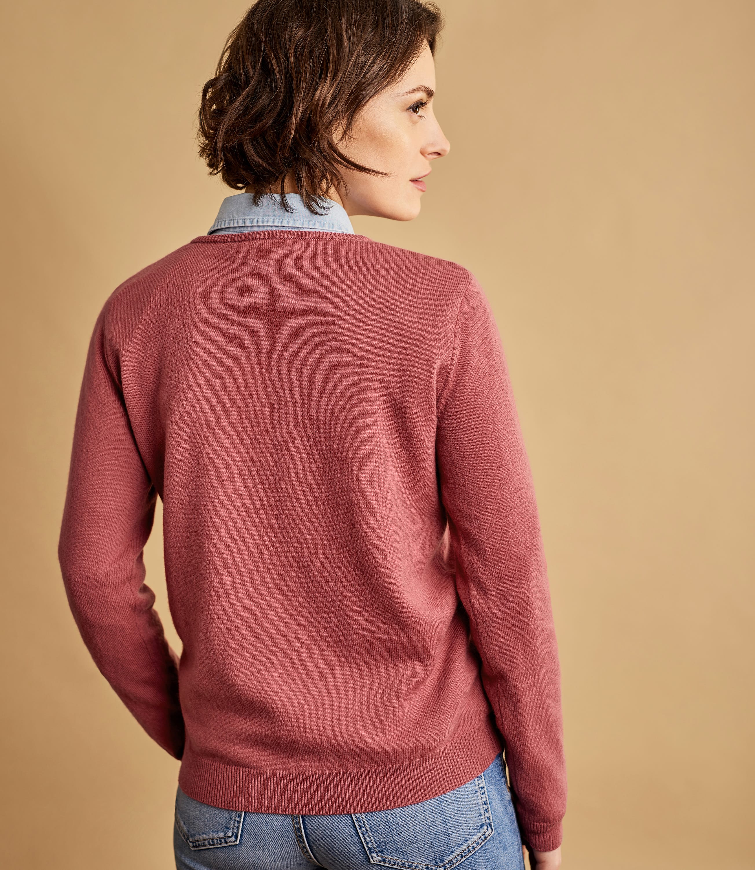 Blütenpink Pullover mit VAusschnitt aus Merinowolle und Kaschmir für