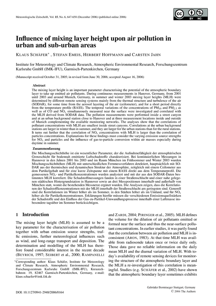 Influence Of Mixing Layer Height Upon Air Pollution In Urban And Sub-Urban Areas - Meteorologische Zeitschrift Vol. 15 No. 6 — Schweizerbart Science Publishers 1000_x_707_jpg
