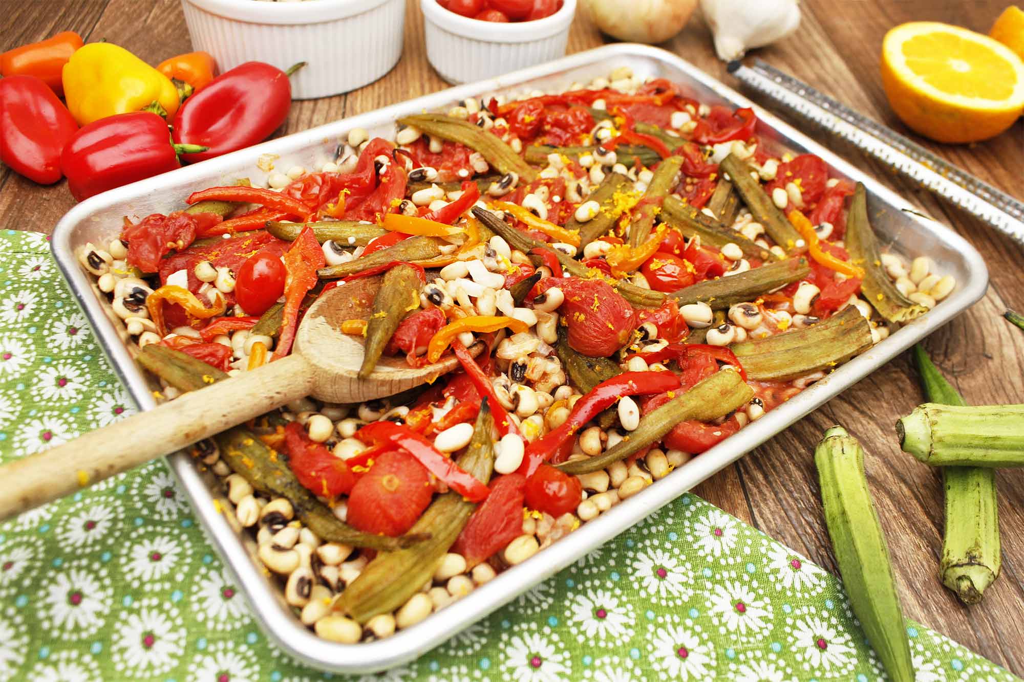 Full Circle Recipe One Pan Roasted Okra, Black Eyed Peas and Tomatoes