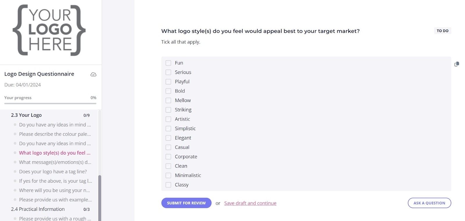 Logo questionnaire template with 14 questions